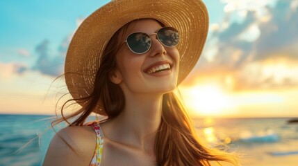 Portrait of Young woman wearing straw hat and glasses enjoying summer, AI generated image