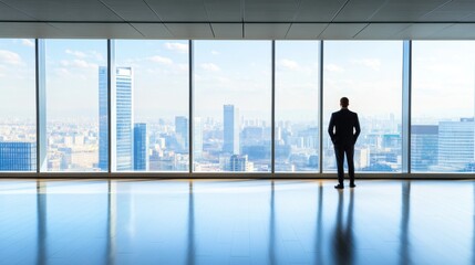 Businessman looking out the window in frustration after a failed meeting. Featuring a corporate office with floor-to-ceiling windows. Showcasing business failure. Ideal for leadership articles