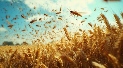 Poster - A swarm of insects is flying through a field of wheat. The insects are likely locusts, which can cause significant damage to crops. The scene is chaotic and unsettling