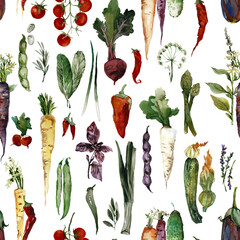 Watercolor seamless pattern of fresh vegetables. fresh and organic ornament perfect for kitchen or market-themed designs 