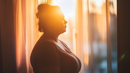 Sad obese woman looks while standing by the window. 