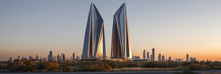 Sticker - Modern skyscrapers with sleek designs against a city skyline at sunset.