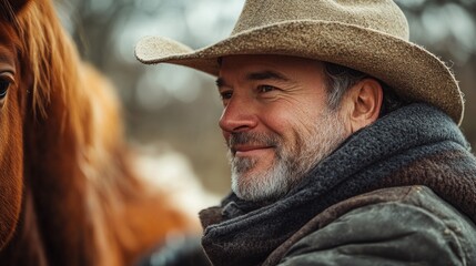 Canvas Print - A man wearing a cowboy hat and a scarf is smiling at the camera. He is standing next to a brown horse