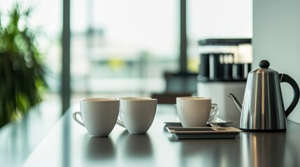 Coffee station in a quiet office. Featuring an untouched coffee pot and empty mugs. Reflecting isolation after a corporate breakup. Ideal for blog posts about team culture