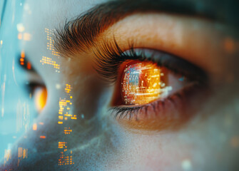 Poster - Close-up of a woman's eye with a digital screen reflection, a high-tech future vision concept. The woman is looking at the camera through her eyes with a futuristic hologram projection in a glass wind