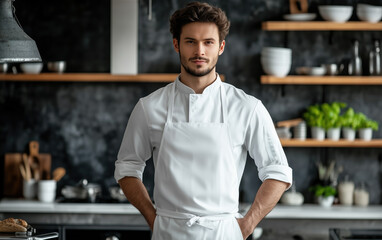 Sticker - Chef kitchen apron. Chef cook in a uniform, kitchen apron, wearing protective apparel, culinary environment, food service setting, chef in kitchen interior, apron mock-up. Realistic style photo