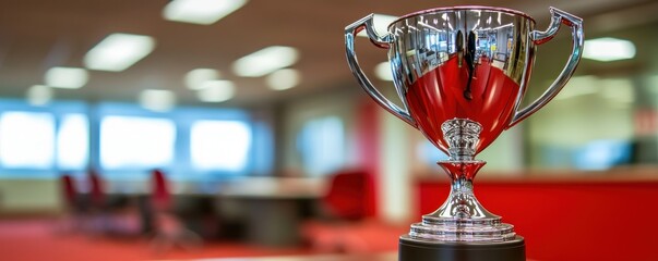 Poster - A shiny trophy in an office setting, symbolizing achievement and success.