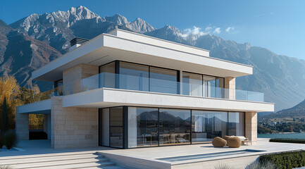 Poster - a modern villa. the front of the house is covered in light-colored tiles, with mountains and clear b
