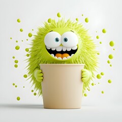 Poster - Energetic 3D Rendered Toon Personality Gripping a Basic Cardboard Container Perfect for Kids  Product Packaging in a Stark White Studio Setting with a Clean and Playful Aesthetic