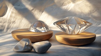 Leinwandbilder - Conceptual 3D still life with natural wooden discs, translucent glass prisms, and sandstone.