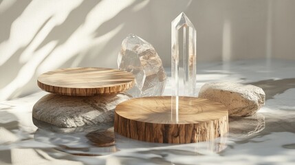 Leinwandbilder - Conceptual 3D still life with natural wooden discs, translucent glass prisms, and sandstone.