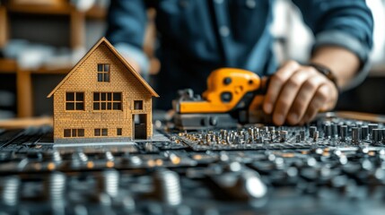 Aufkleber - A man is working on a model house with a tool. The house is made of wood and has a brick roof. The man is using a tool to fix the roof