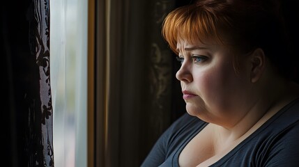 Sad obese woman looks while standing by the window. 