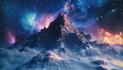 Poster - Small rock mountain against stars with colorful aurora lights at night.