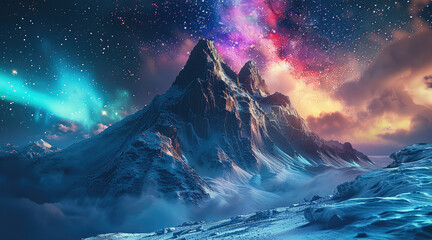 Poster - Small rock mountain against stars with colorful aurora lights at night.
