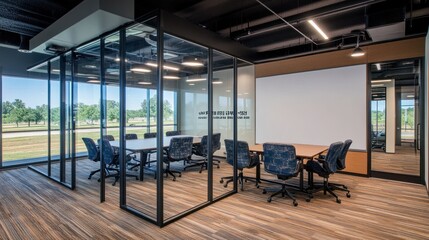 Wall Mural - Modern conference room with glass walls, tables, and chairs, designed for meetings.