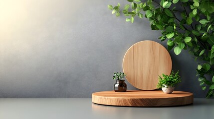 Poster - Elegant wooden display stand in a modern minimalist composition with warm studio lighting illuminating the clean simple design on a plain gray table surface