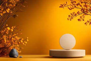 Poster - Sturdy round wooden display piece placed atop a table framed by a rich yellow background captured through the of professional product photography in a studio setting  Subtle