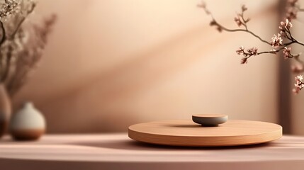 Poster - Minimalist and elegant circular wooden platform presented on a soft pink hued table illuminated by a studio lighting setup to capture the product in photography