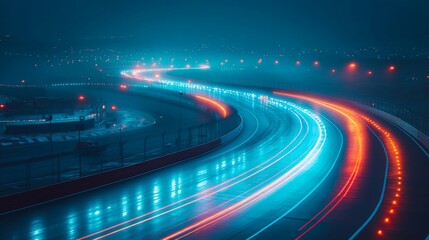Poster - Cars travel smoothly along a winding highway at night, creating colorful light trails against a dark backdrop, with streetlights glowing brightly.