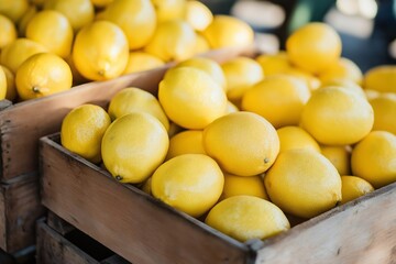 Wall Mural - A wooden crate brimful with fresh yellow lemons, glowing in the bright outdoor light at a marketplace.