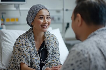 Asian woman in her thirties smiling warmly at a supportive visitor in a hospital setting