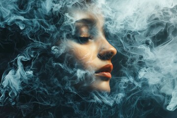 A profile view of a stylish woman surrounded by swirling ethereal smoke, creating a mysterious atmosphere.