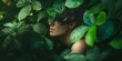 © StockUp - A mysterious person partially obscured by vibrant green leaves in a dense jungle environment.