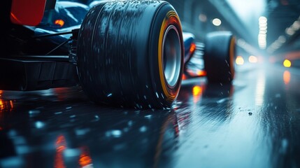 Poster - A Formula One cars tire grips a wet racing track, with rain pouring down, showcasing the intensity of motorsport in challenging weather conditions.
