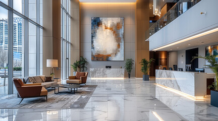 Poster - The lobby of a luxury high-rise condominium tower in downtown. The space is grand and modern, with high ceilings, sleek marble floors, elegant seating areas with contemporary furniture.