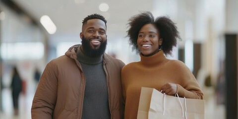 Happy couple smiling while shopping together in a modern mall setting.