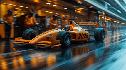 Aufkleber - A vibrant orange racing car speeds through the wet pit lane as team members in matching uniforms stand ready to assist. The atmosphere is charged with energy and anticipation.