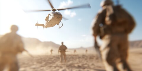 Military helicopter flying over soldiers in a desert environment.