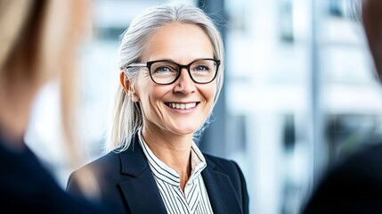 Mature female real estate agent welcoming an unrecognizable client at the office rental property entrance, showcasing professional interaction and client engagement in the real estate market