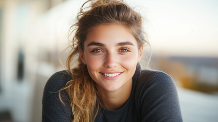 happy young woman sitting in front of webcam during online meeting chat