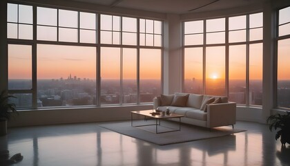 White modern living room with urban city sunset