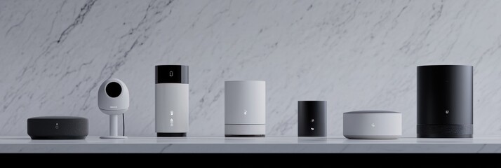 A collection of smart home devices displayed on a marble surface.