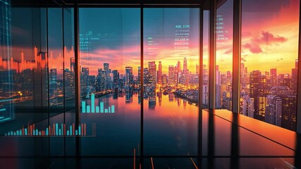 Poster - A modern office view showcasing a vibrant sunset over a city skyline with data analytics visuals