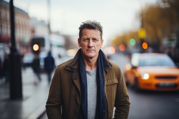 Portrait of a middle-aged man in a city street.