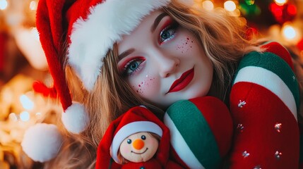 A woman with vibrant fantasy Christmas makeup joyfully holds a plush elf in her hands, embodying the whimsical spirit of the holiday season and showcasing creativity, color, and festive cheer