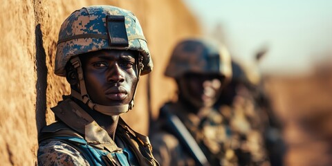 Soldiers in military gear during a tense moment on duty, focused and vigilant.