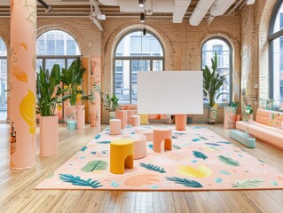 Sticker - A vibrant, modern workspace featuring colorful furniture and plants for creative collaboration.