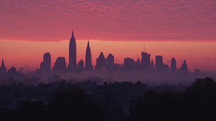 Poster - A vibrant skyline at sunset, showcasing urban architecture against a colorful sky.