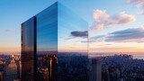 Dramatic architectural shot of a modern skyscraper with a glass fade, reflecting the surrounding city and sky in bold detail -