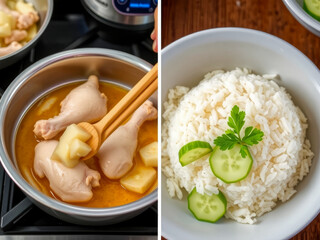 Wall Mural - A person is cooking chicken and rice in a pan. The rice is white and the chicken is cut into pieces