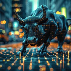 Poster - Stock market chart with a dramatic upward trend, green candlesticks glowing, and a confident bull charging in the background.