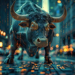 Poster - Stock market chart with a dramatic upward trend, green candlesticks glowing, and a confident bull charging in the background.