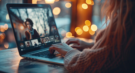 Poster - A person using laptop for a zoom video meeting with other people. close-up shot.