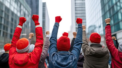 A group of people wearing red hats and gloves raises their fists in solidarity during a protest in an urban environment.