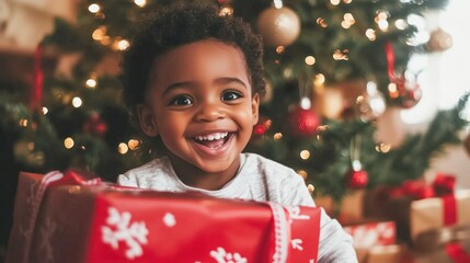 A young child smiling with wide eyes as they open a large gift, sitting in front of a beautifully decorated tree.